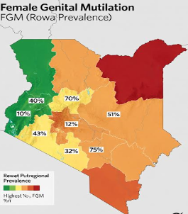 Map showing regional and county-level differences in Female Genital Mutilation prevalence across Kenya